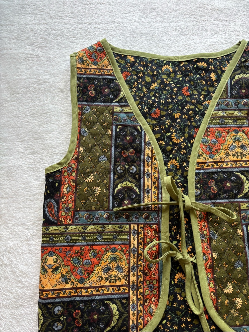 Handmade Quilted Patchwork Tie-Front Vest in Olive & Multi - Picture 3 of 4